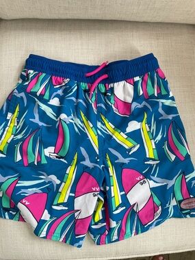 Kids Blue Sailboat Print Swim Trunks -